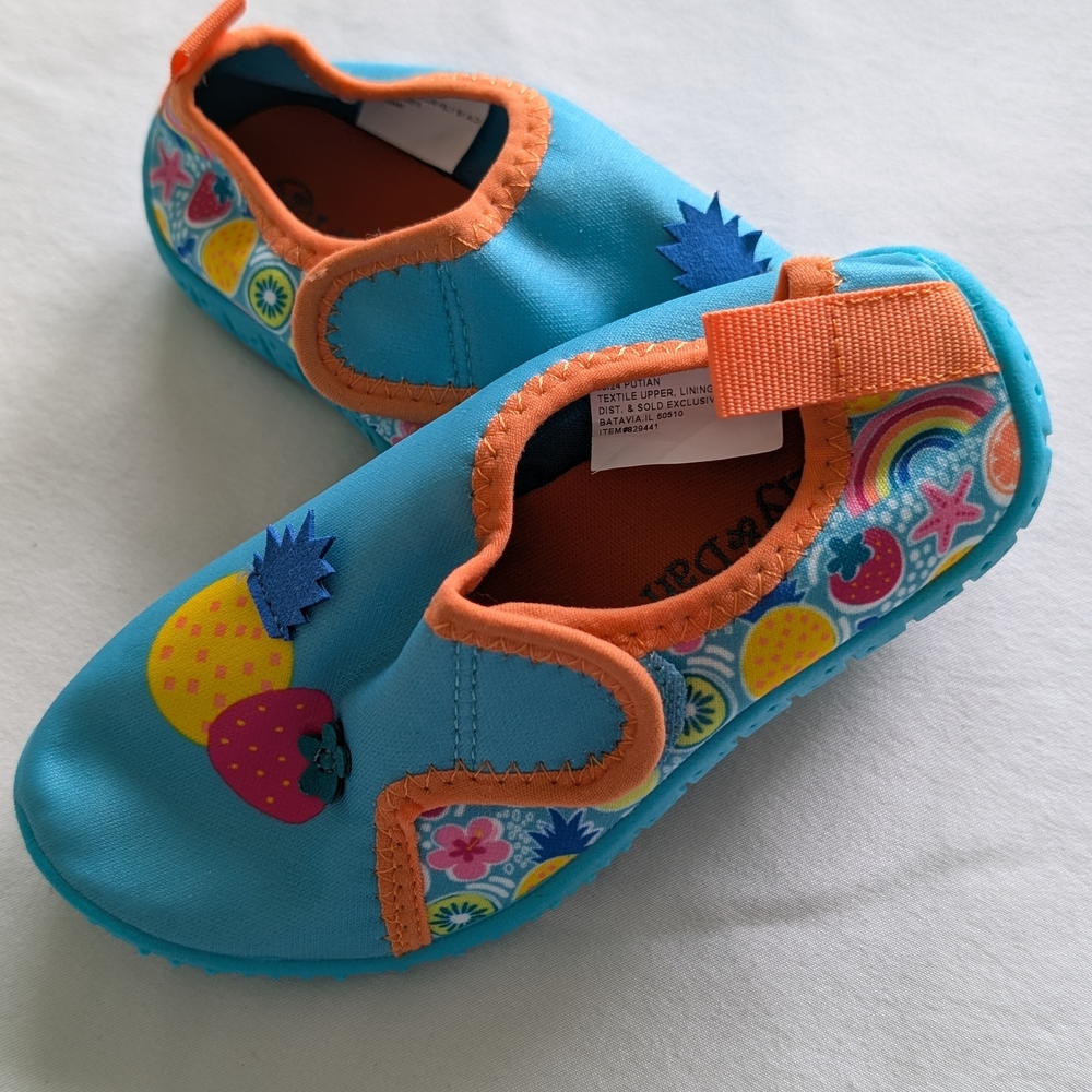 Blue and Orange Slip-On Water Shoes with Playful Patterns